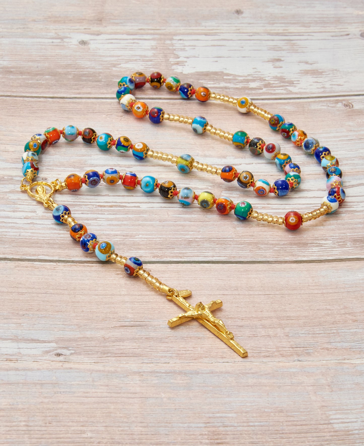 AG4-Rosario in Vetro di Murano garantito, realizzato interamente a mano con 59 Perle da 8 mm lungo 68 cm - Gold (Mosaico Multicolor)