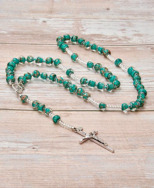 AS4-Rosario in Vetro di Murano garantito, realizzato interamente a mano con 59 Perle da 8 mm lungo 68 cm - Silver (avventurina pasta 218 verde oro)