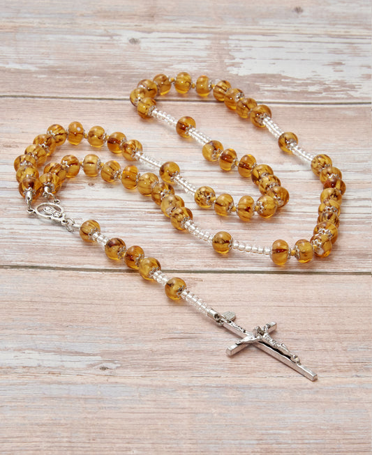 AS5-Rosario in Vetro di Murano garantito, realizzato interamente a mano con 59 Perle da 8 mm lungo 68 cm - Silver (Nuvola 012 ambra)