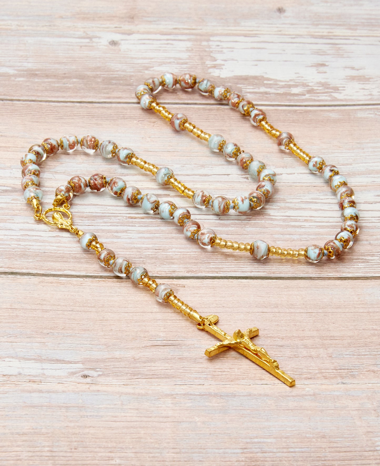 AG6-Rosario in Vetro di Murano garantito, realizzato interamente a mano con 59 Perle da 8 mm lungo 68 cm - Gold (Avventurina pasta 224 Azzurro Chiaro)