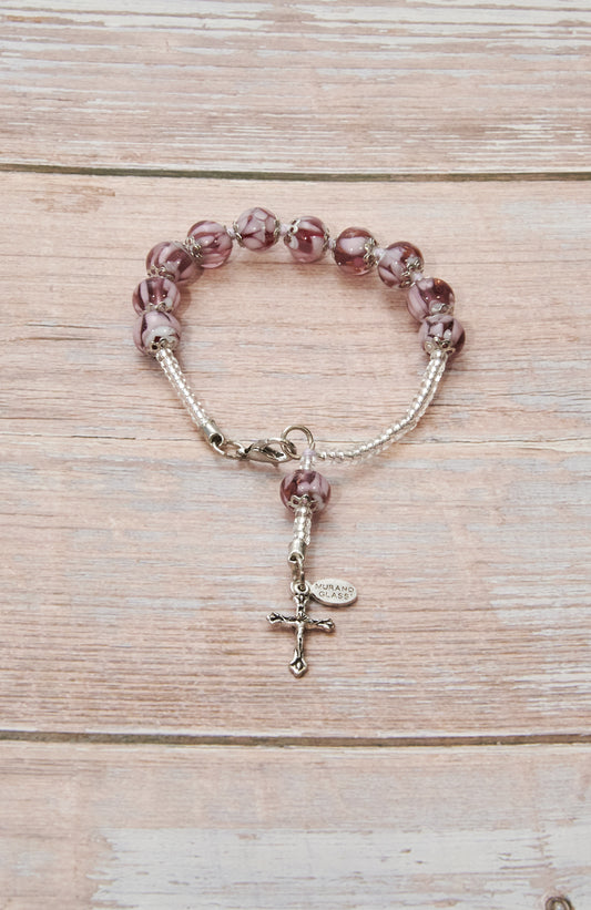 BDS5-Bracciale Decina in Vetro di Murano garantito, realizzato interamente a mano con 10 Perle da 8 mm lungo 19,5 cm - Silver (Nuvola 040 Viola)