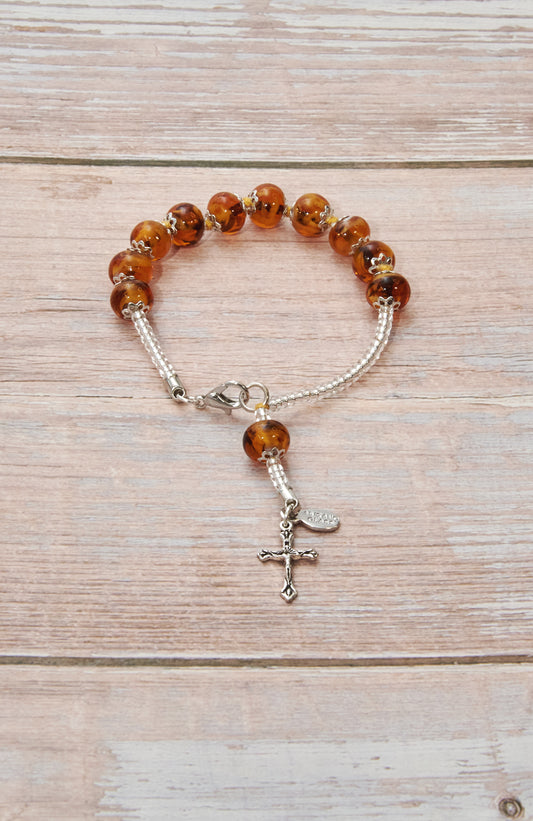 BDS4-Bracciale Decina in Vetro di Murano garantito, realizzato interamente a mano con 10 Perle da 8 mm lungo 19,5 cm - Silver (Nuvola 012 Ambra)