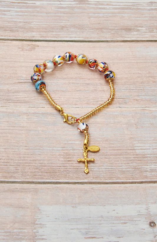 BDG3-Bracciale Decina in Vetro di Murano garantito, realizzato interamente a mano con 10 Perle da 8 mm lungo 19,5 cm - Gold (Avventurina Pestaccio Arlecchino)