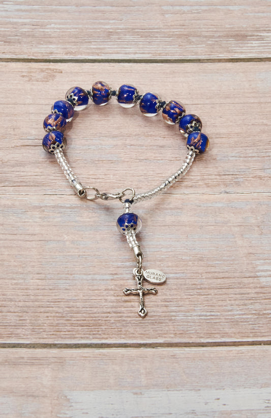 BDS3-Bracciale Decina in Vetro di Murano garantito, realizzato interamente a mano con 10 Perle da 8 mm lungo 19,5 cm - Silver (Avventurina Pasta 242 Blu Scuro)