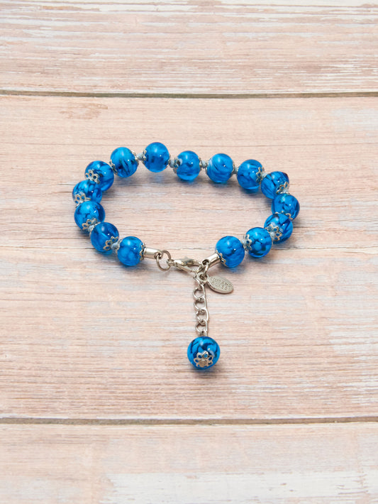 BRS4-Bracciale in Vetro di Murano garantito, realizzato interamente a mano con 15 Perle da 8 mm lungo 18,5 cm - Silver (Nuvola 036 Azzurro)