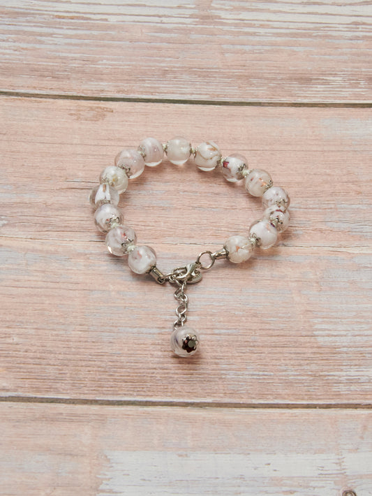 BRS5-Bracciale in Vetro di Murano garantito, realizzato interamente a mano con 15 Perle da 8 mm lungo 18,5 cm - Silver (Nuvola 004 Bianco)