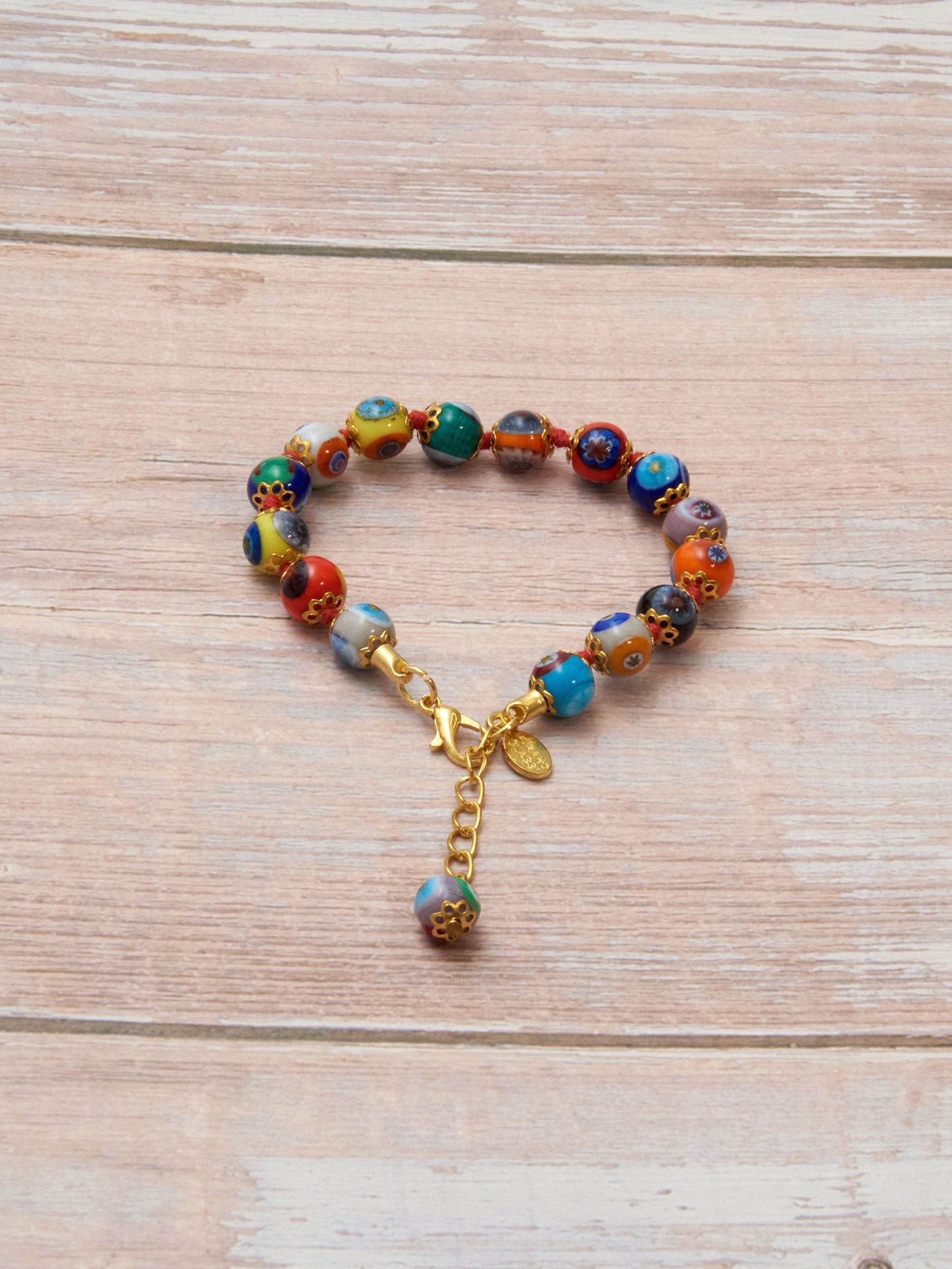 BRG2-Bracciale in Vetro di Murano garantito, realizzato interamente a mano con 15 Perle da 8 mm lungo 18,5 cm - Gold (Mosaico Multicolor)