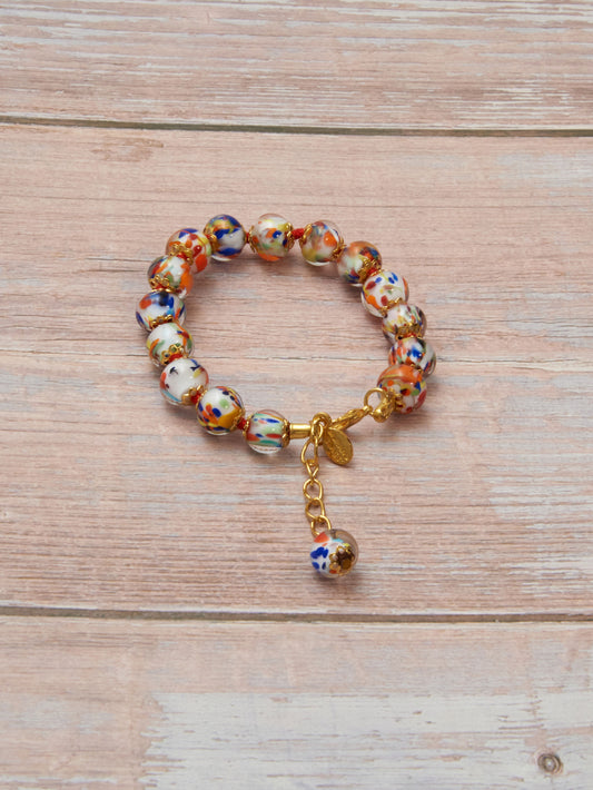BRG1-Bracciale in Vetro di Murano garantito, realizzato interamente a mano con 15 Perle da 8 mm lungo 18,5 cm - Gold (Avventurina Pestaccio Arlecchino)