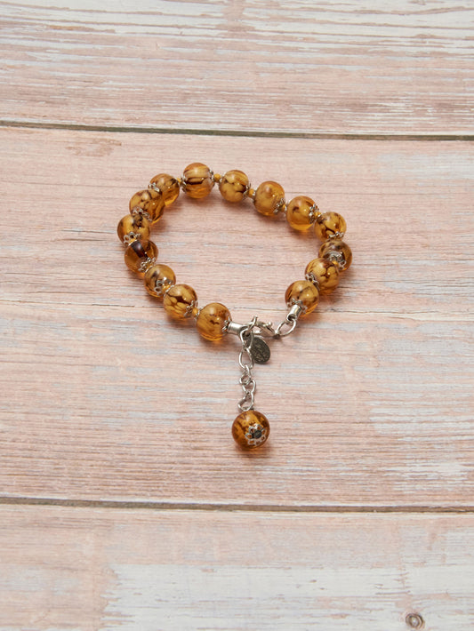BRS2-Bracciale in Vetro di Murano garantito, realizzato interamente a mano con 15 Perle da 8 mm lungo 18,5 cm - Silver (Nuvola 012 Ambra)