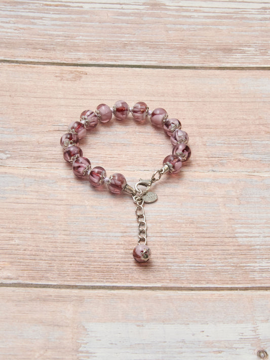 BRS3-Bracciale in Vetro di Murano garantito, realizzato interamente a mano con 15 Perle da 8 mm lungo 18,5 cm - Silver (Nuvola 040 Viola)