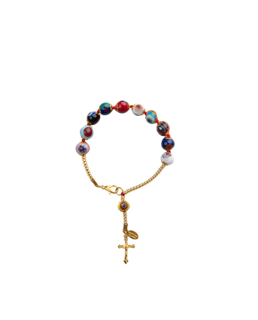 BDG-Bracciale Decina in Vetro di Murano realizzato interamente a mano con 10 Perle da 8 mm lungo 19,5 cm - Gold (Mosaico Millefiori)