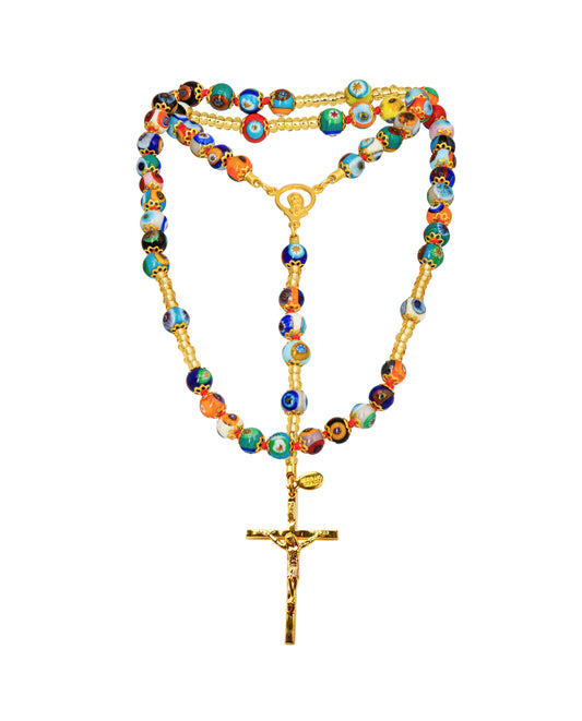 AG-Rosario in Vetro di Murano realizzato interamente a mano con 59 Perle da 8 mm lungo 68 cm - Gold (Mosaico Multicolor)