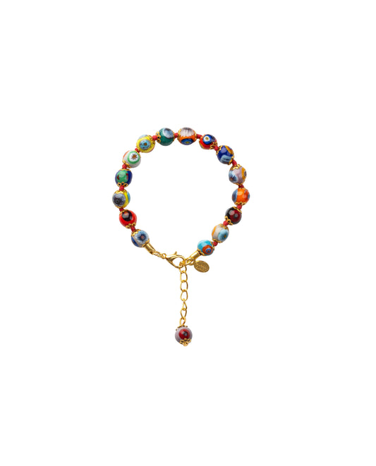 BRG-Bracciale in Vetro di Murano realizzato interamente a mano con 15 Perle da 8 mm lungo 18,5 cm - Gold (Mosaico Multicolor)