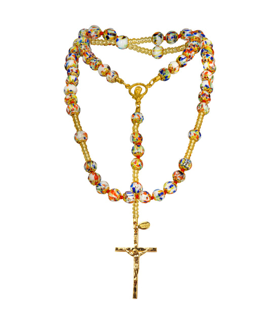 AG-Rosario in Vetro di Murano realizzato interamente a mano con 59 Perle da 8 mm lungo 68 cm - Gold (Pestaccio Arlecchino)