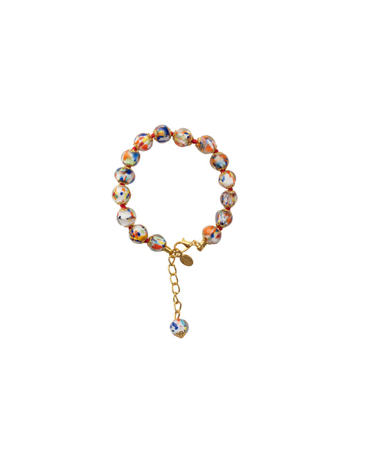 BRG-Bracciale in Vetro di Murano realizzato interamente a mano con 15 Perle da 8 mm lungo 18,5 cm - Gold (Avventurina Pestaccio Arlecchino)