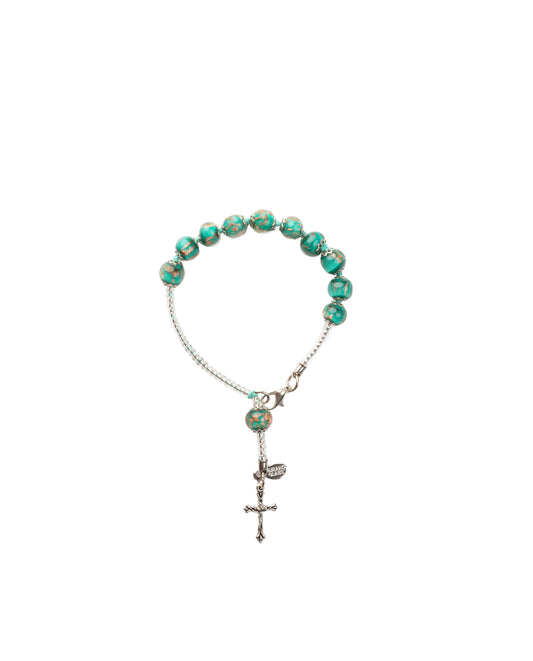 BDS-Bracciale Decina in Vetro di Murano realizzato interamente a mano con 10 Perle da 8 mm lungo 19,5 cm - Silver (Avventurina Pasta 218 Verde Oro)