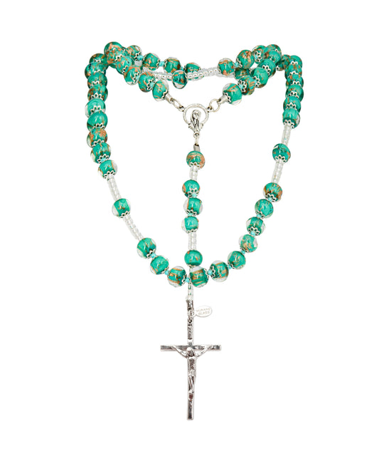 AS-Rosario in Vetro di Murano realizzato interamente a mano con 59 Perle da 8 mm lungo 68 cm - Silver (avventurina pasta 218 verde oro)