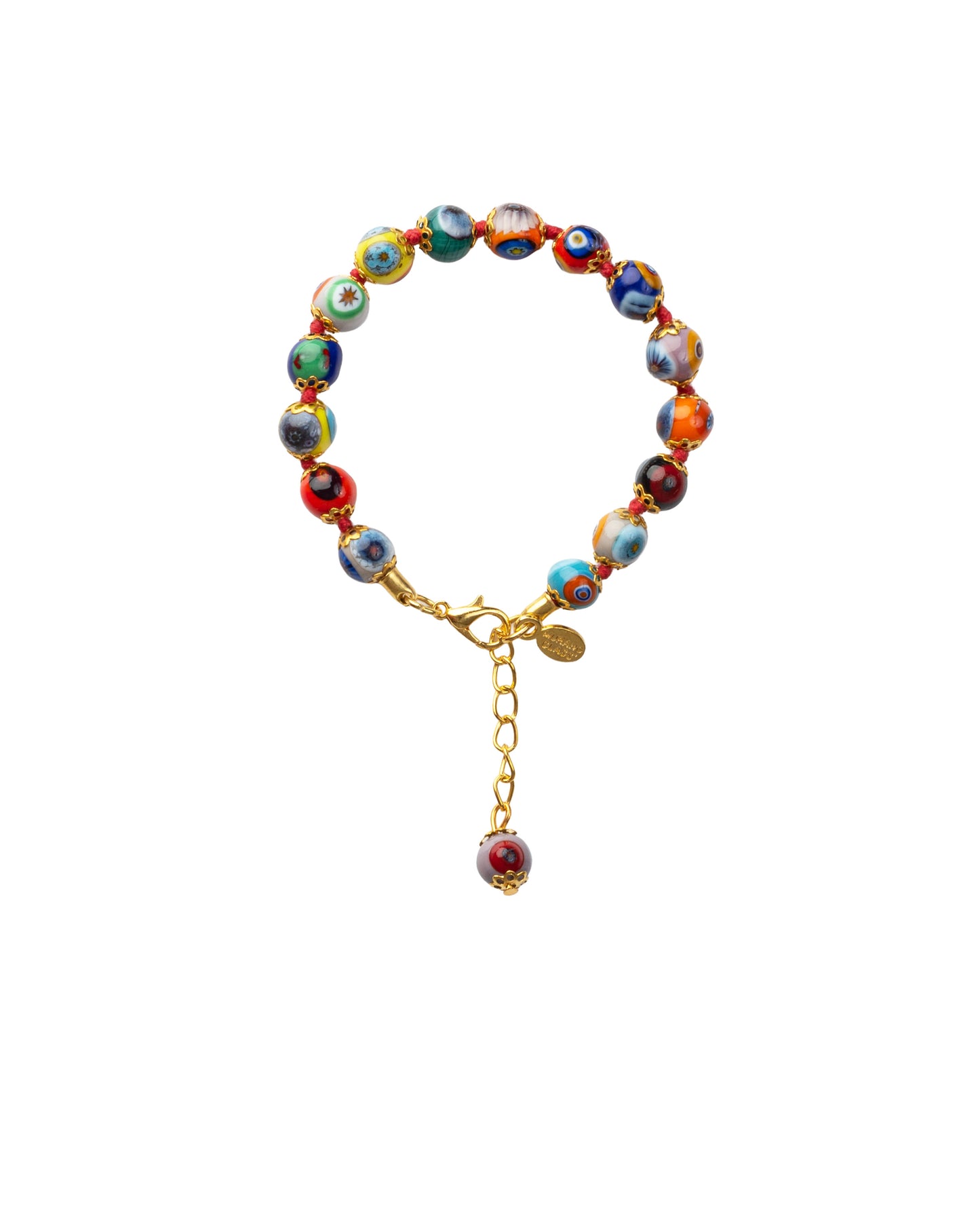 BRG-Bracciale in Vetro di Murano realizzato interamente a mano con 15 Perle da 8 mm lungo 18,5 cm - Gold (Mosaico Multicolor)