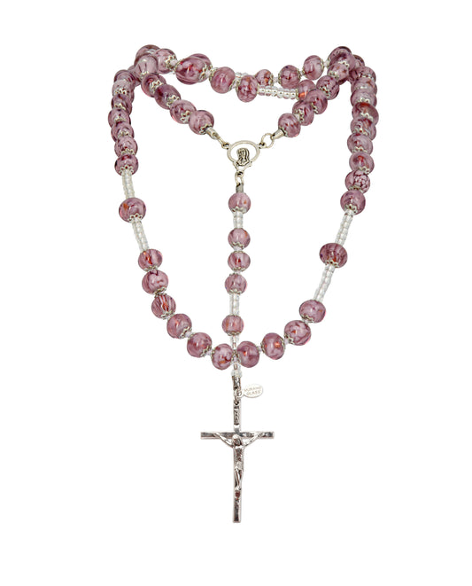 AS-Rosario in Vetro di Murano realizzato interamente a mano con 59 Perle da 8 mm lungo 68 cm - Silver (Nuvola-040 viola)