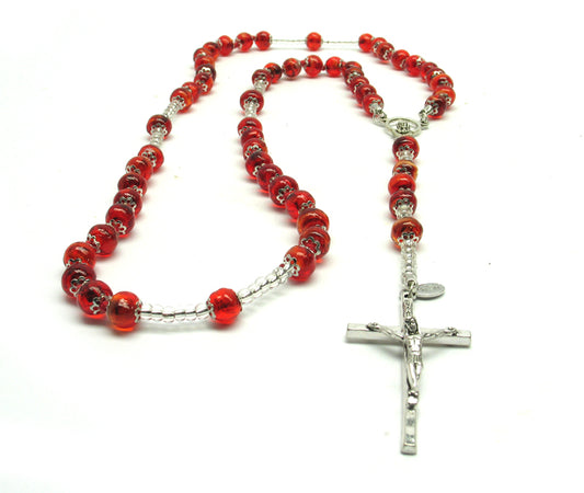 Rosario in Vetro di Murano colore Rosso con Crocifisso placcato Argento 925