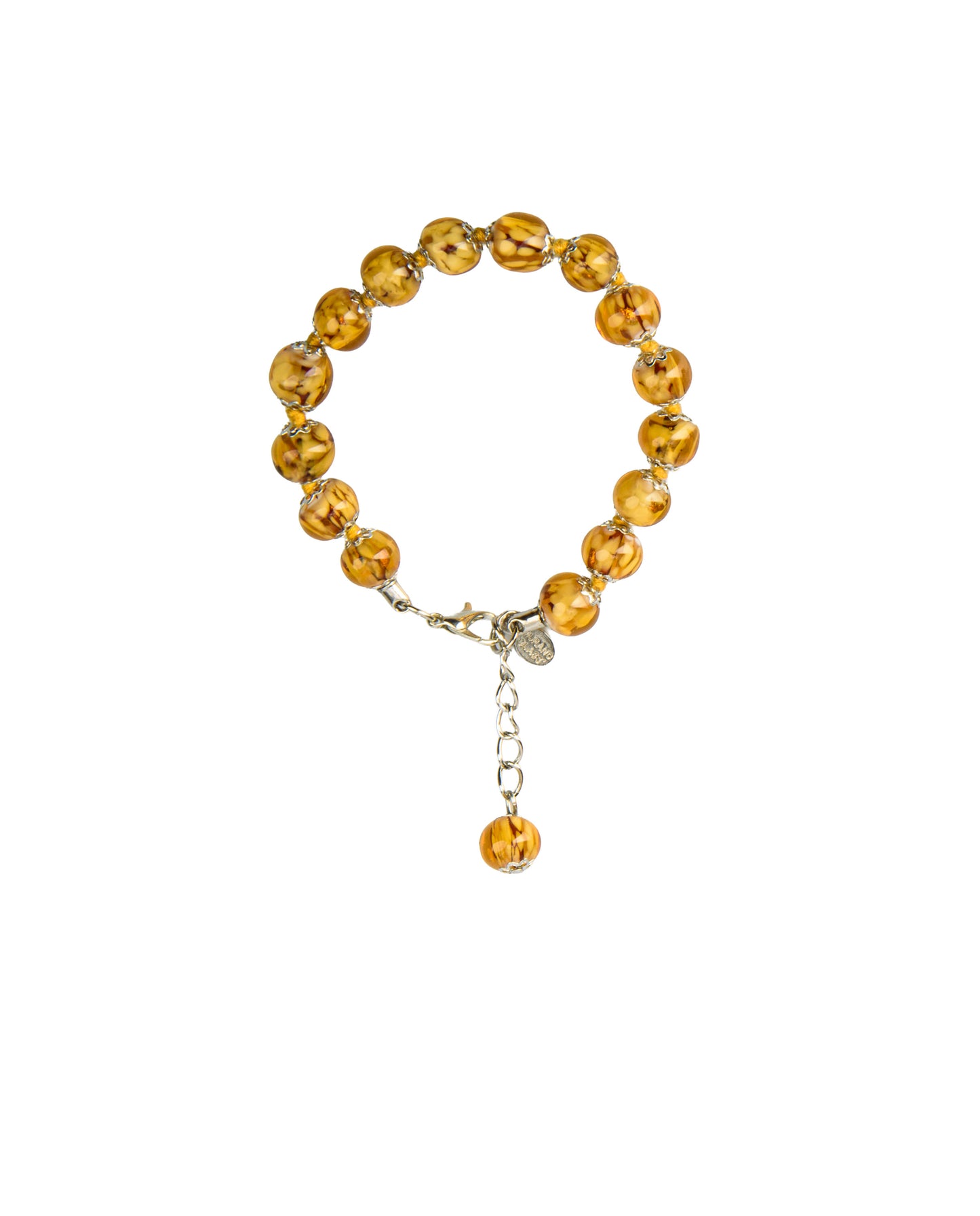 BRS-Bracciale in Vetro di Murano realizzato interamente a mano con 15 Perle da 8 mm lungo 18,5 cm - Silver (Nuvola 012 Ambra)