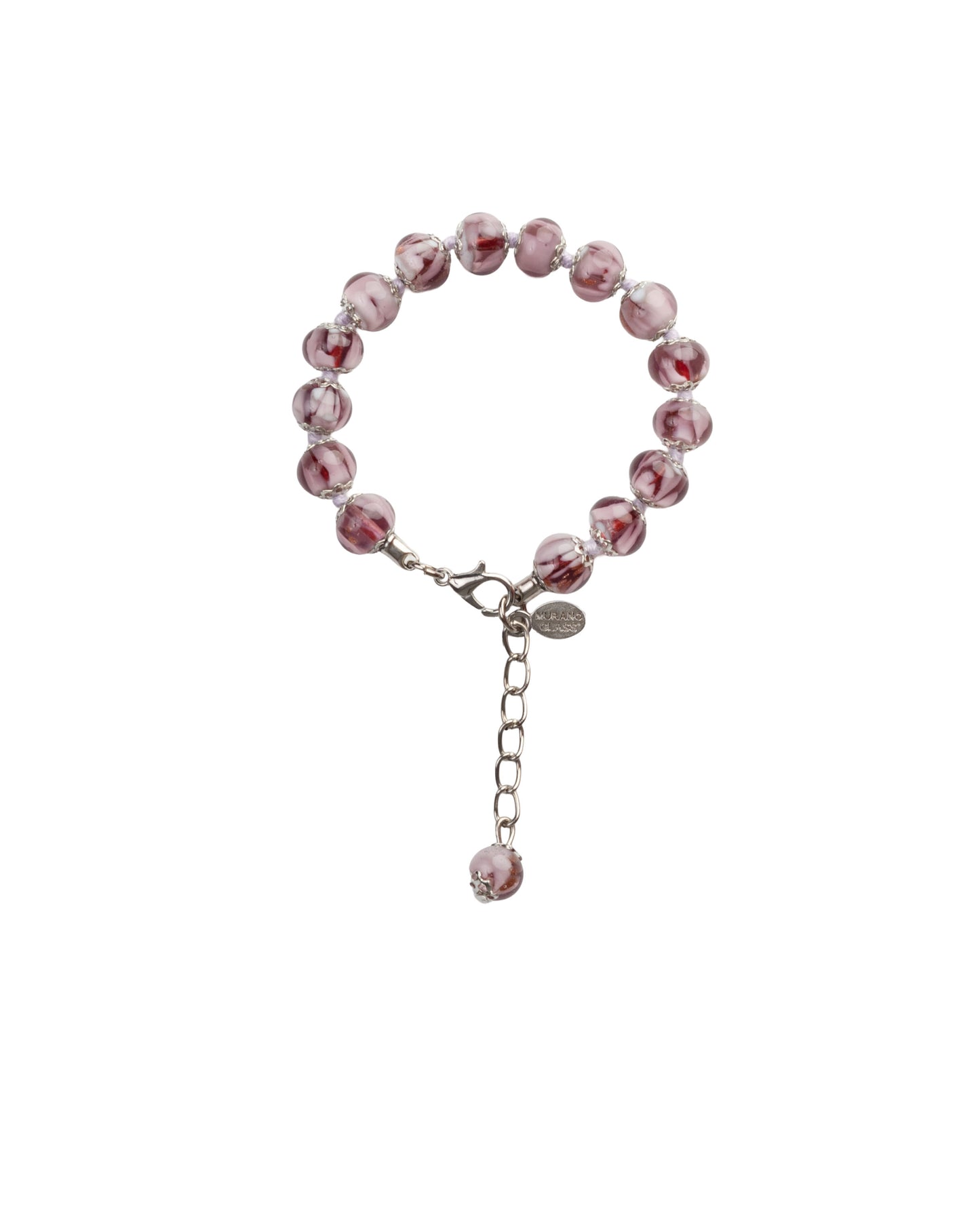 BRS-Bracciale in Vetro di Murano realizzato interamente a mano con 15 Perle da 8 mm lungo 18,5 cm - Silver (Nuvola 040 Viola)