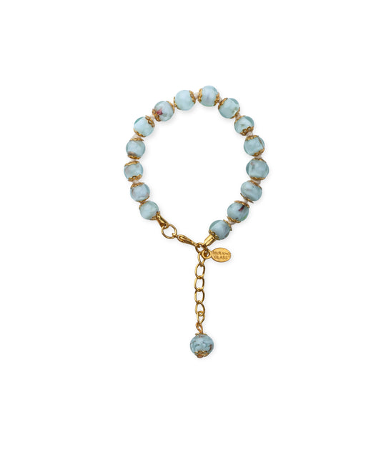 BRS-Bracciale in Vetro di Murano realizzato interamente a mano con 15 Perle da 8 mm lungo 18,5 cm - Silver (Nuvola 040 Viola)